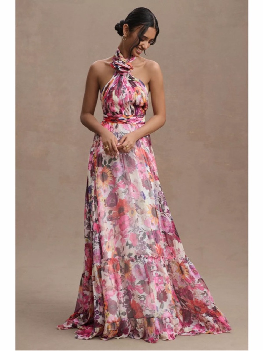 NWT Mac Duggal Multicolor Asymmetrical Ruffled Halter Floral Gown A-Line Size 14